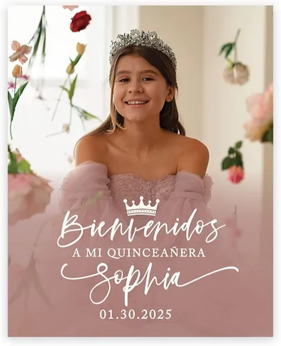 Miniatura 15 de Andaz Press Letrero de bienvenida de quinceañera grande personalizado, Art Deco Bienvenidos de 16 x 20 pulgadas, lienzo premontado para fotos