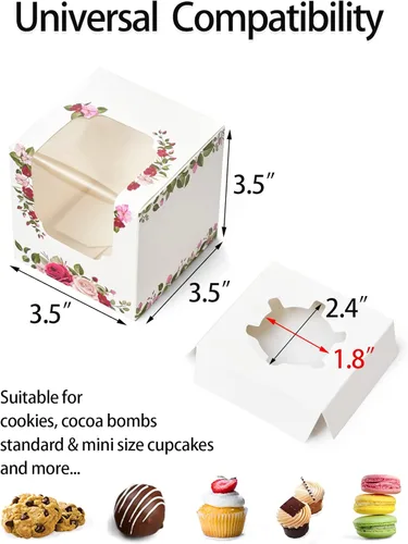 Miniatura 3 de Happyhiram Cajas para magdalenas, 12 unidades, rosas florales, mini caja de regalo individual para el día de la madre, hojas botánicas, recipientes
