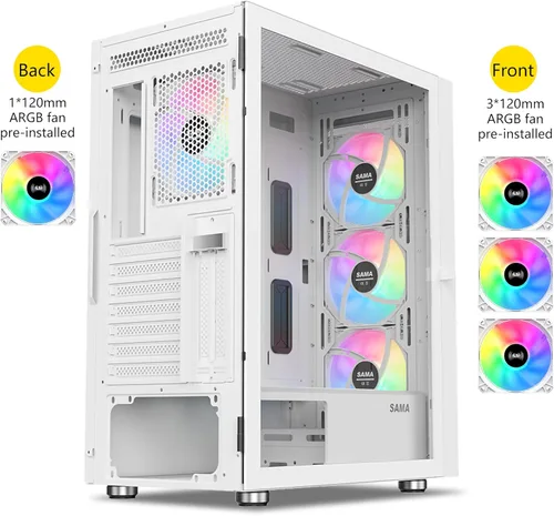 Miniatura 2 de SAMA 3509 Carcasa de PC de torre media ATX blanca - Parte frontal de malla de acero, panel lateral de vidrio templado con bisagras, 4 ventiladores