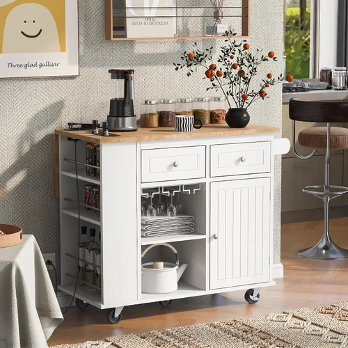 Isla de cocina con toma de corriente, isla de almacenamiento de cocina con hojas caídas y madera de goma, mesa de carrito de cocina con 5 ruedas,