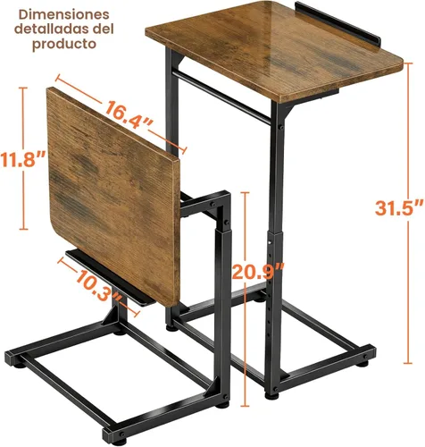 Miniatura 2 de Mesa para Bandeja de TV, Mesa Lateral para Sofá Ajustable en 8 Alturas, Mesa de Extremo en Forma de C con Ajuste de Ángulo de Inclinación de 90°