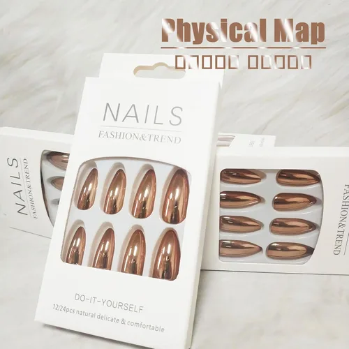 Miniatura 3 de Uñas postizas a presión cromadas de bronce y almendra mediana, uñas postizas de aguja con diseño brillante, uñas postizas acrílicas de metal