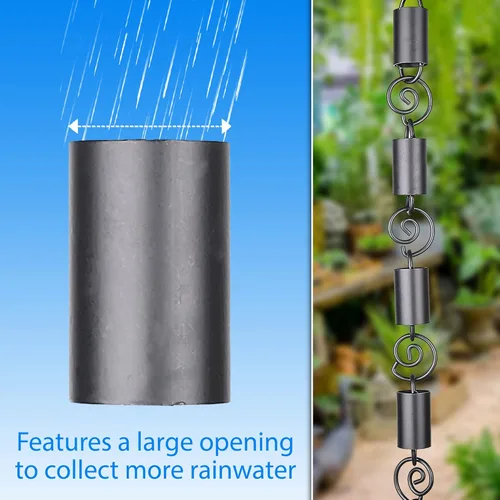 Miniatura 6 de Cadena de lluvia de eslabones de canal en espiral de 8.5 pies - Aluminio recubierto de polvo negro - Reemplazo funcional y decorativo para bajantes