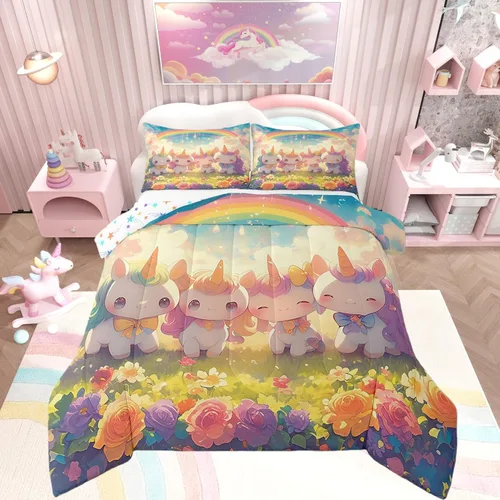 Castle Fairy Juego de edredón de unicornio tamaño individual, reversible, lindo unicornio, arcoíris, caricatura, caballos, animales, para niños y