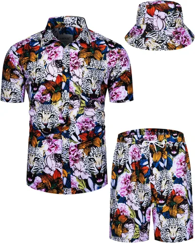 Miniatura 36 de TUNEVUSE Conjunto de camisas y pantalones cortos hawaianos para hombre, 2 piezas, trajes de playa con estampado de flores, traje tropical de verano