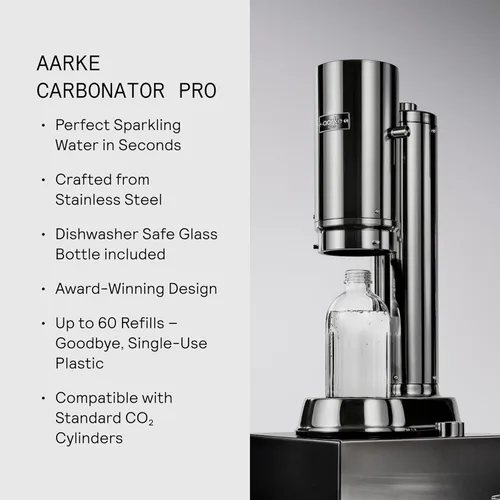 Miniatura 9 de Aarke Carbonator Pro, máquina de agua con gas y carbonatación, acero inoxidable con botella reutilizable de vidrio, volumen de 800 mL/27 fl oz