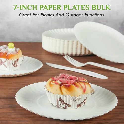 Miniatura 6 de FOCUSLINE Platos de papel de 7 pulgadas, platos de papel blancos sin recubrimiento, plato de postre desechable para todos los días de 7" Plato 7.1