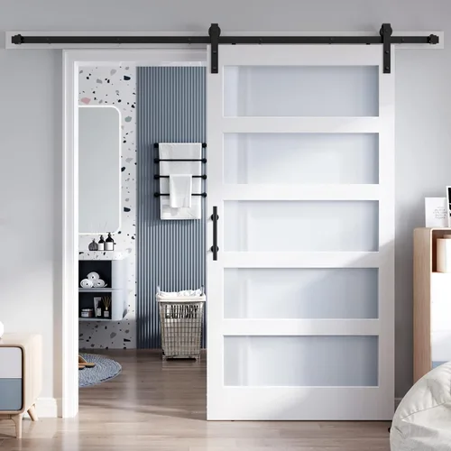 Miniatura 14 de Losa para puerta corrediza de granero de vidrio de 28 x 84 pulgadas y kit de herrajes de 5 pies incluido, 5 vidrios esmerilados, panel de madera LVL