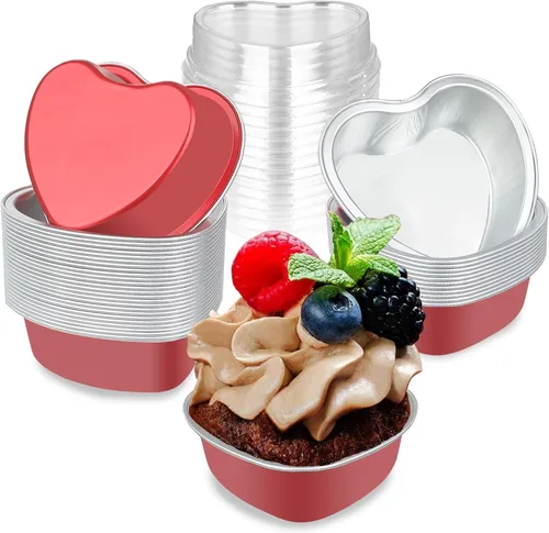 Miniatura 9 de Moldes para pasteles en forma de corazón de 3.5 pulgadas, molde de papel de aluminio con tapas, 25 piezas desechables de corazón pequeño