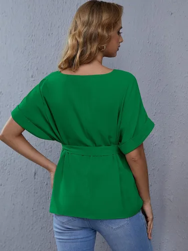 Miniatura 2 de OYOANGLE Blusa de maternidad de manga corta con cuello en V y cinturón para mujer
