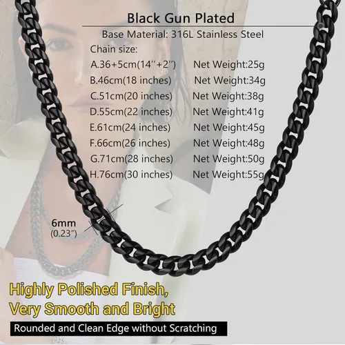 Miniatura 4 de PROSTEEL Collar de cadena de eslabones cubanos de moda para hombre, acero inoxidable 316L chapado en oro negro18 quilates, ancho 0.189 in-0.551 in