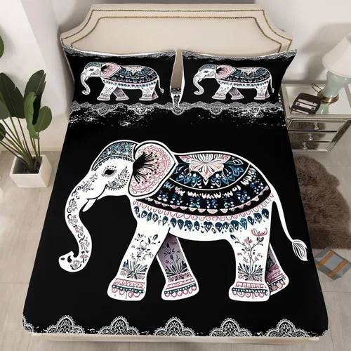 Miniatura 10 de Juego de sábanas bajeras de elefante, tamaño individual, exótico, bohemio, paisley, floral, para niños, niños, étnico, tribal y vida silvestre