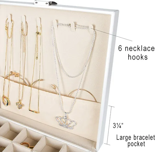 Miniatura 3 de Frebeauty Organizador de aretes, joyero clásico, 50 ranuras, estuche de almacenamiento de joyas de doble capa con 6 ganchos para collar y bolsillo