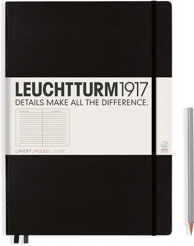 LEUCHTTURM1917 - Cuaderno de tapa dura Master Classic A4+ - 235 páginas numeradas para escritura y diario (negro, a rayas)