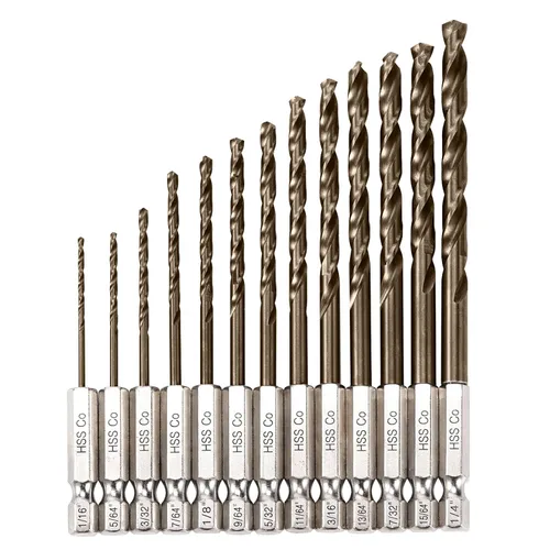Miniatura 2 de Juego de brocas de cobalto con vástago hexagonal de 1/4 para metal y acero endurecido, 13 brocas helicoidales M35 HSS de 1/16 a 1/4 pulgadas