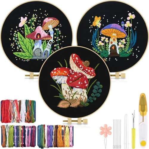 Miniatura 15 de TINDTOP 3 juegos de kit de práctica de bordado, kit de bordado de mariposas y flores para principiantes incluye tela, aros, hilos para amantes
