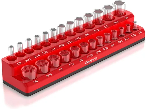 Miniatura 11 de Olsa Tools Portadados magnético, para dados métricos con cuadros de mando de 1/2 pulgada, color rojo, caben 19 dados, organizador de herramientas