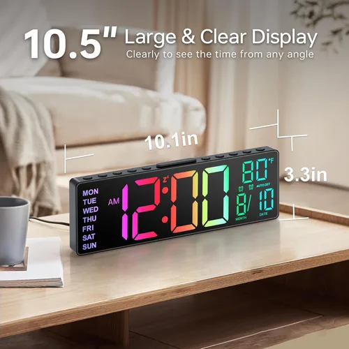 Miniatura 2 de JALL Reloj despertador digital grande de 10.5 pulgadas con 8 colores RGB, fecha, mes, temperatura LED, DST automático, reloj digital de gran