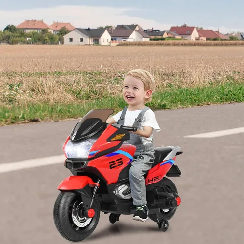Miniatura 9 de Costzon Motocicleta de Montar para Niños, Motocicleta Eléctrica de Batería de 12V con Ruedas de Entrenamiento, Luces LED, Música, Pedal, Rojo