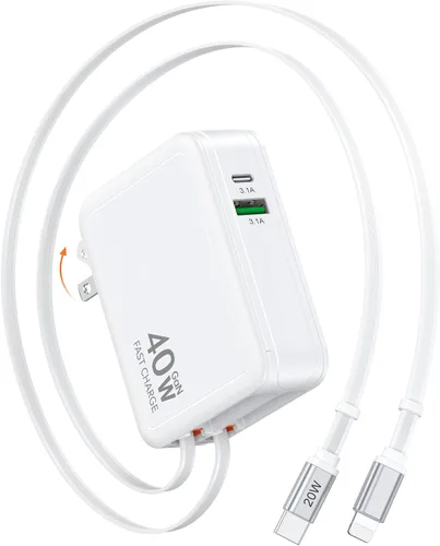 Miniatura 11 de Cargador retráctil de 40 W actualizado 2026, multipuerto esencial de viaje de 4 puertos, enchufe de bloque de cargador de pared PD 5 en 1+cables