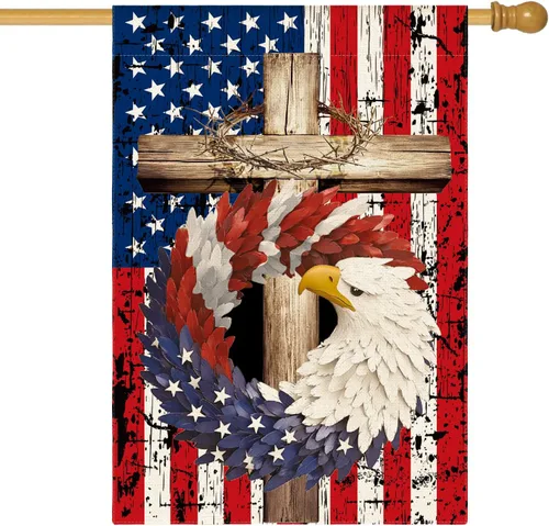AVOIN colorlife Bandera de casa con águila y estrellas patrióticas en forma de corona 28x40 pulgadas de doble cara para exteriores, EE. UU.