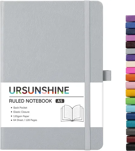Miniatura 41 de Cuaderno punteado, diario, 5.3 x 8.26 pulgadas, tapa dura, prémium, papel grueso, doble espiral, bandas, cuero negro sintético, lazo para bolígrafo