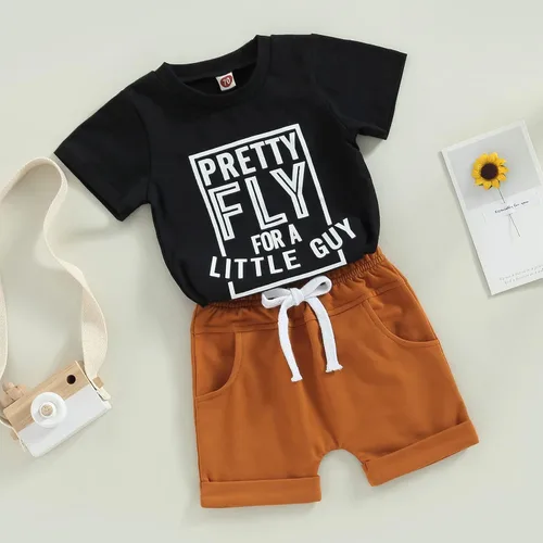 Miniatura 17 de Conjunto de traje de verano para bebé niño pequeño, manga corta, cuello redondo, letras impresas, lindo traje de verano, conjunto de 2 piezas