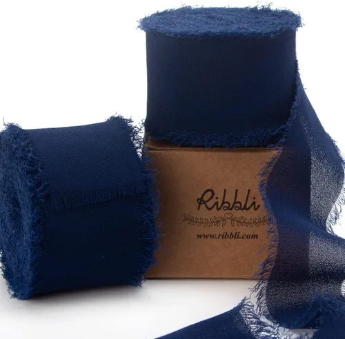 Miniatura 14 de Ribbli Cinta de Gasa Azul Marino Profundo de 1-1/2 pulgadas x 20 Yardas Cinta de Seda de Gasa con Flecos Hecha a Mano, Cinta Azul para Invitaciones