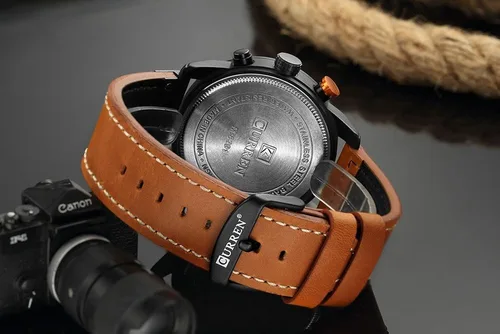 Miniatura 6 de Reloj deportivo con cronógrafo para hombre, correa de cuero marrón, reloj de cuarzo, reloj de pulsera casual para hombre, Completo negroacero.