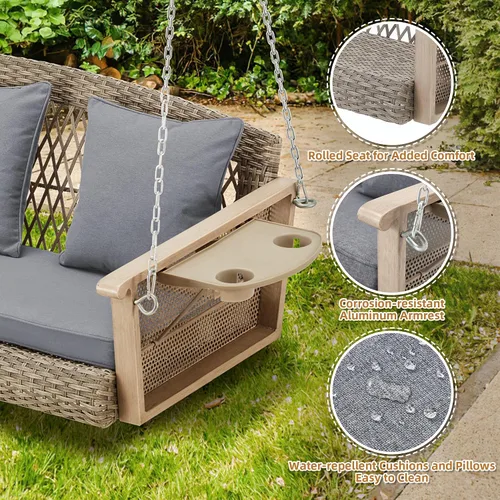 Miniatura 3 de HOMREST Columpio de mimbre para porche para 3 personas con portavasos mejorado, silla colgante de 56 pulgadas con cojines, columpio al aire libre