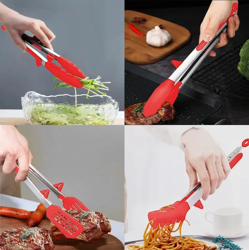 Miniatura 2 de Juego de 4 pinzas de cocina de silicona, antiadherentes de acero inoxidable con puntas de silicona sin BPA para servir pasta, espagueti, bistec, Rojo