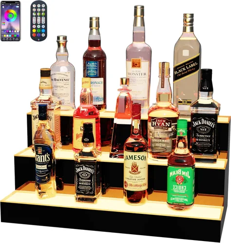 Miniatura 12 de MESAlLUP - Estante de exhibición de botellas de licor iluminado de 2 niveles de 16 pulgadas, estantes de barra LED con aplicación o control remoto