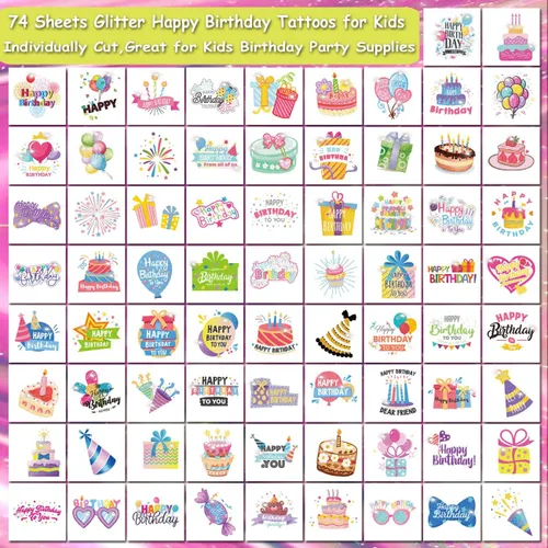 Miniatura 2 de CHARLENT Palitos de tatuaje de feliz cumpleaños con purpurina para niños, 74 hojas individuales, tatuajes temporales, regalos de cumpleaños