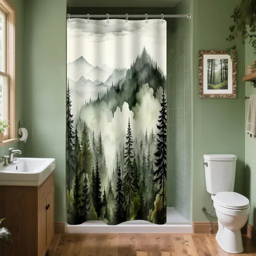 Miniatura 26 de Cortina de ducha pequeña de 36 x 72 pulgadas, cortina de medio tamaño de bosque brumoso, cortina de ducha estrecha mitad negra y blanca de montaña