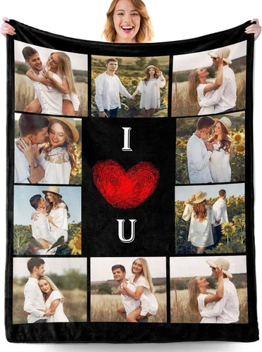 Miniatura 28 de Manta personalizada con fotos, manta personalizada con fotos con texto en inglés "I Love You", regalo de cumpleaños para novia, novio, esposa