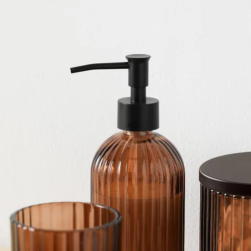 Miniatura 4 de Juego de 4 accesorios de baño de vidrio pesado con patrón decorativo prensado, incluye dispensador de jabón de mano, vaso, jabonera y soporte