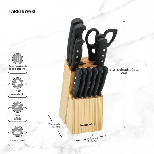 Miniatura 4 de Farberware - Juego de 22 piezas de cuchillos con remache triple que "nunca necesitan afilarse", acero inoxidable de alto carbono, juego de cuchillos