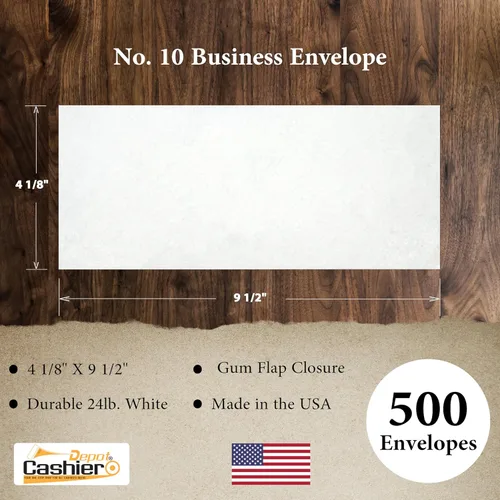 Miniatura 2 de 500 sobres de negocios de Cashier Depot #10, papel tejido blanco, 4 1/8 x 9 1/2 pulgadas, 24 libras, sello de solapa engomado, correo profesional