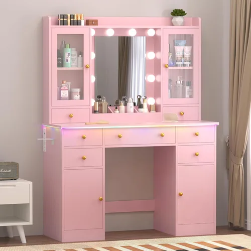 Miniatura 13 de Escritorio de maquillaje con espejo y luces, tocador negro de 43 pulgadas con parte superior de cristal, almacenamiento de joyas, 3 cajones