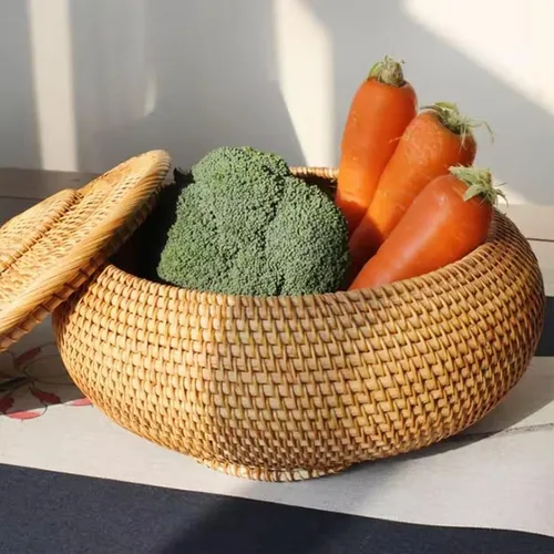 Miniatura 8 de Cajas redondas de ratán con tapa, tejida a mano, bandeja de mimbre multiusos de 11 pulgadas, cesta de almacenamiento para comida de pícnic