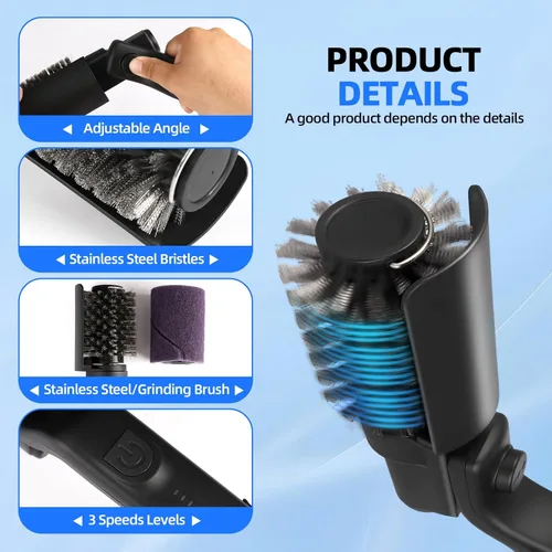 Miniatura 4 de Cepillo eléctrico inalámbrico para parrilla con ángulo ajustable, motor de potencia de 3 velocidades y cabezal de acero inoxidable, recargable, Negro