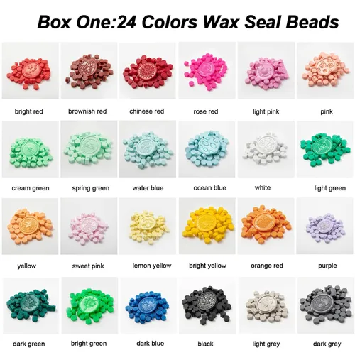 Miniatura 2 de Kit de sellos de cera con caja de regalo, 48 colores, 1200 piezas de cuentas de cera de sellado con 2 piezas de sellos, calentador, cuchara