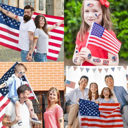 Miniatura 6 de Trajes para mujer del 4 de julio, paquete de 120 tatuajes patrióticos de bandera de Estados Unidos, color rojo, blanco y azul, suministros
