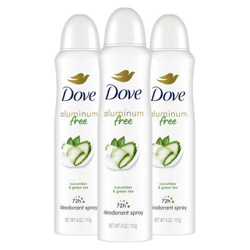 Dove Desodorante en aerosol sin aluminio para mujeres, 3 unidades de pepino y té verde, protección contra olores de 72 horas, 4 onzas