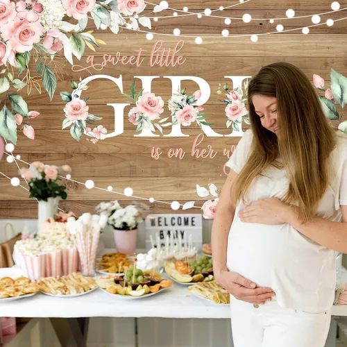 Miniatura 4 de Avezano Cartel rústico para baby shower con texto en inglés "A Sweet Little Girl is on Her Way", decoración de fiesta de baby shower, pancarta