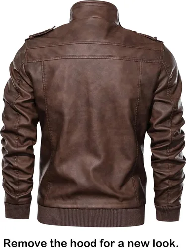 Miniatura 6 de Hood Crew - Chaqueta bomber para hombre, casual, con cuello alto, cazadora de moto, de piel sintética de poliuretano, con cremallera y capucha Marrón