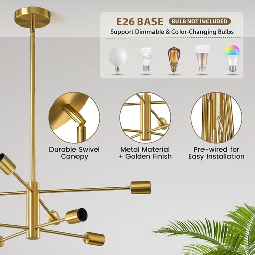 Miniatura 5 de KAISITE Lámpara de Araña Moderna Sputnik Luz de Techo 8 Luces Lámpara de Araña Dorada Luz de Comedor Sobre Mesa Altura Ajustable Lámpara de Araña