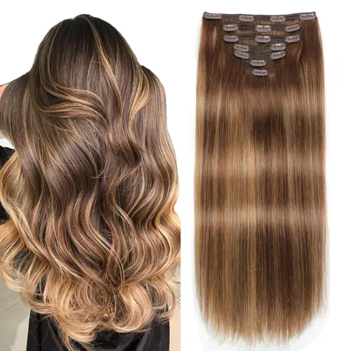 Miniatura 20 de Sisily - Extensiones de cabello con clip de cabello humano real, 30 cm 70 g, balayage de marrón chocolate a rubio, 100% cabello humano Remy