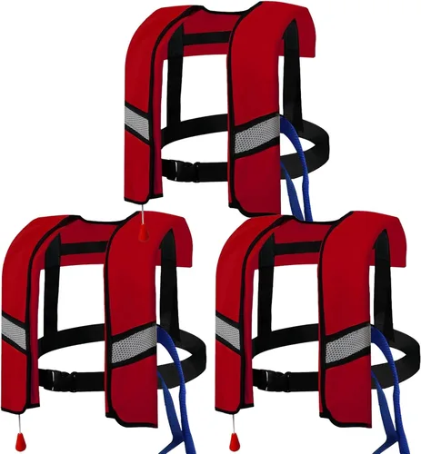 Miniatura 9 de Paquete de 3 chalecos salvavidas inflables automáticos 150N – Chaleco de natación de nailon ajustable con inflado de CO2, tiras reflectantes y Azul