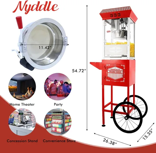 Miniatura 3 de Máquina comercial de palomitas de maíz con carrito y hervidor de 12 onzas, estilo vintage con ruedas de vidrio templado, plataforma de Rojo